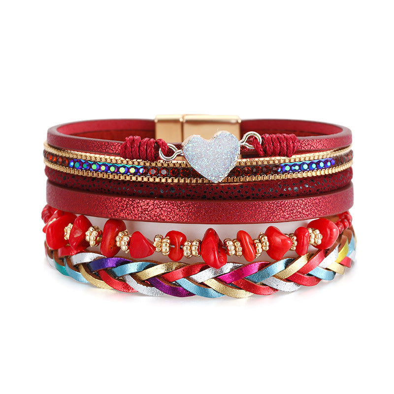 Wholesale Love Retro Hand-woven Leather Multi-layer Diamond-encrusted Ethnic Style Gravel Bracelet